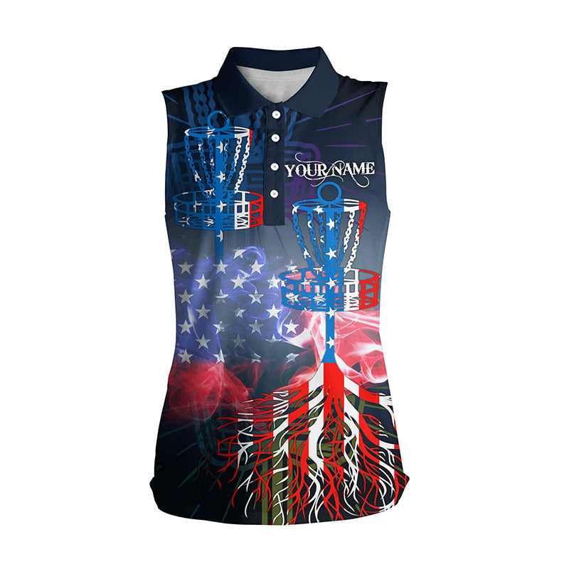 Womens sleeveless disc golf polo shirt American flag disc golf basket, personalized disc golf shirts NQS5677