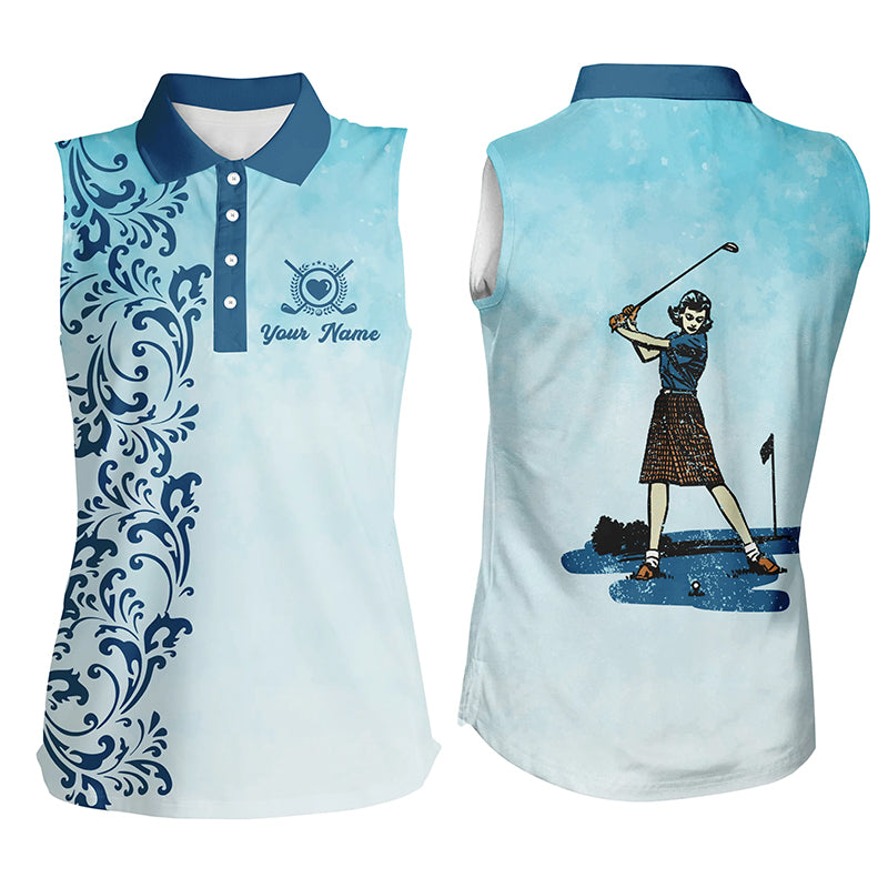 Vintage Womens sleeveless polo shirt custom name vintage blue golf shirt for women NQS4651