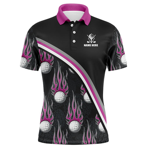 Golf balls pink flame pattern Mens Golf polo shirts custom name golf clothes for men golfing | Black NQS6107