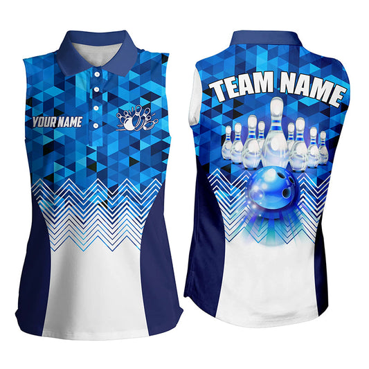 Blue Geometric pattern bowling ball and pins custom Women Bowling sleeveless Polo, team bowling jersey NQS7452
