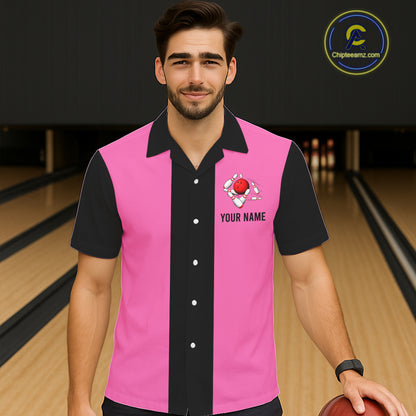 Personalized Pink Black Retro Bowling hawaiian shirts Custom vintage Team button up shirts NQS6568
