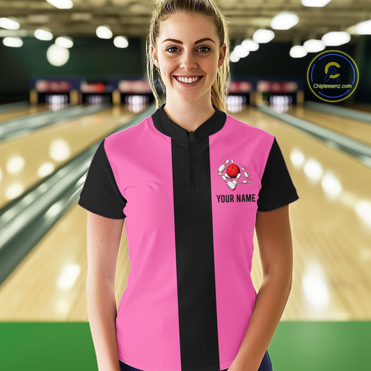 Personalized Pink Black Retro Bowling Quarter Zip shirt For women custom vintage bowling team jerseys NQS6568