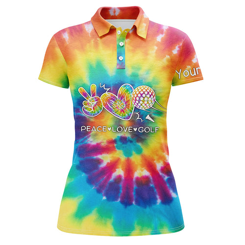 Womens golf polo shirts tie dye pattern custom peace love golf, personalized golf shirt for womens NQS5743