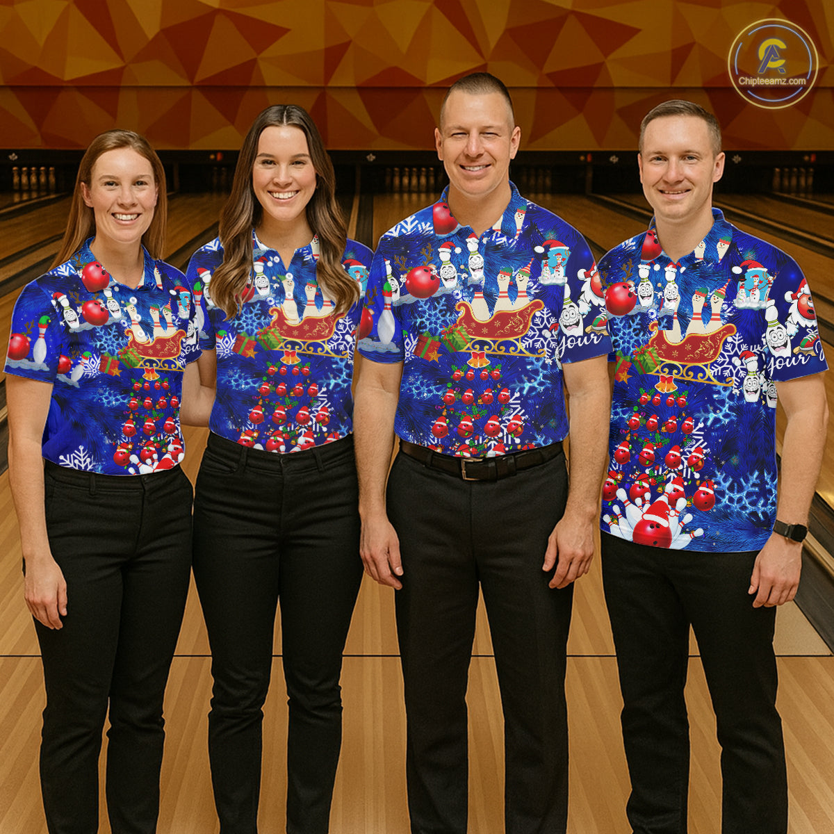Womens Bowling Polo Shirts Custom blue Christmas pattern Bowling Santa ball pins team Ladies Jersey NQS6617