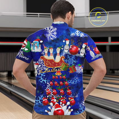 Mens Bowling Quarter-Zip Shirts Custom blue Christmas pattern Bowling Santa ball pins team Mens Jersey NQS6617