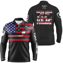 Load image into Gallery viewer, Black American flag mens golf polo shirts custom name we're here for the foursome patriot golf gifts NQS5769