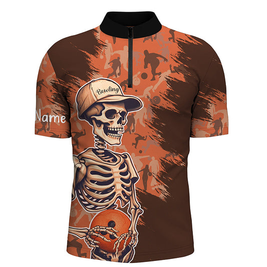 Custom orange camo bowling shirt for men – personalized team jersey front view