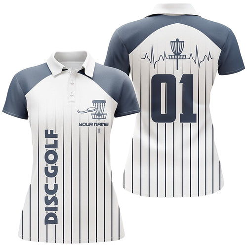 Blue white Womens disc golf polo shirt custom name, number disc golf heartbeat jersey, disco golf outfit NQS6206