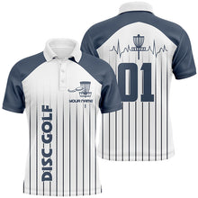 Load image into Gallery viewer, Blue white Mens disc golf polo shirt custom name, number disc golf heartbeat jersey, disco golf outfit NQS6206
