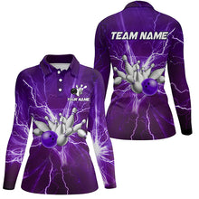 Load image into Gallery viewer, Women bowling polo shirts Custom purple lightning thunder Bowling Team Jersey, gift for team Bowlers NQS7395