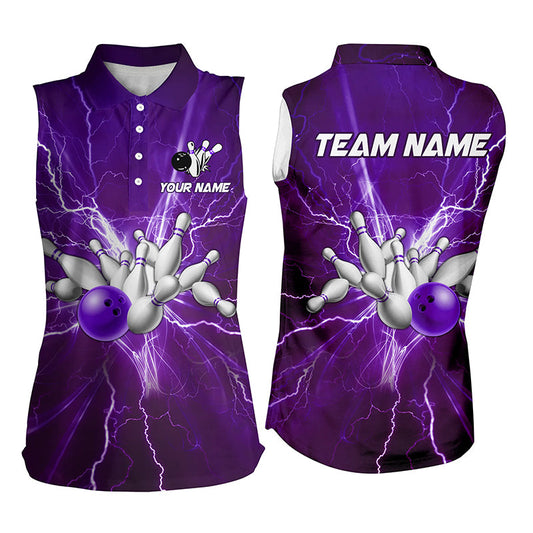 Women bowling sleeveless polo shirts Custom purple lightning thunder Bowling Team Jerseys NQS7395