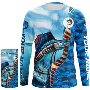 Sailfish saltwater fishing Custom sea blue camo UV Protection Fishing shirts, sailfish fishing Jerseys NQS5630