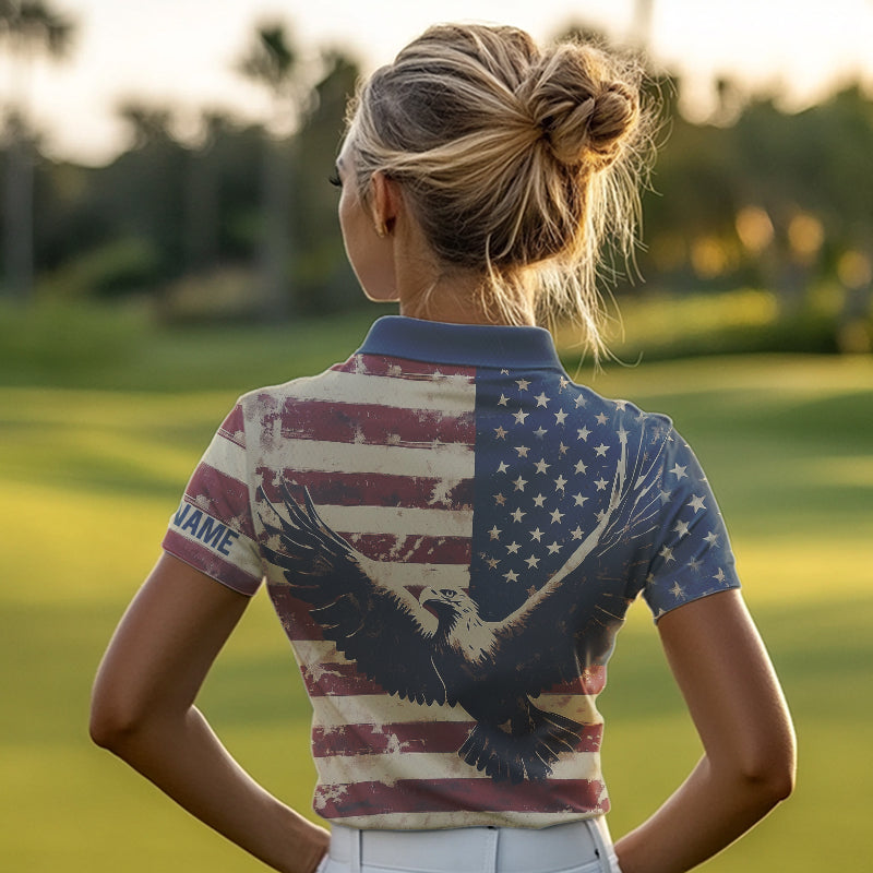 Personalized Vintage Eagle American flag Golf Polo Shirts For Women Custom Patriotic Ladies Golf shirt NQS9632