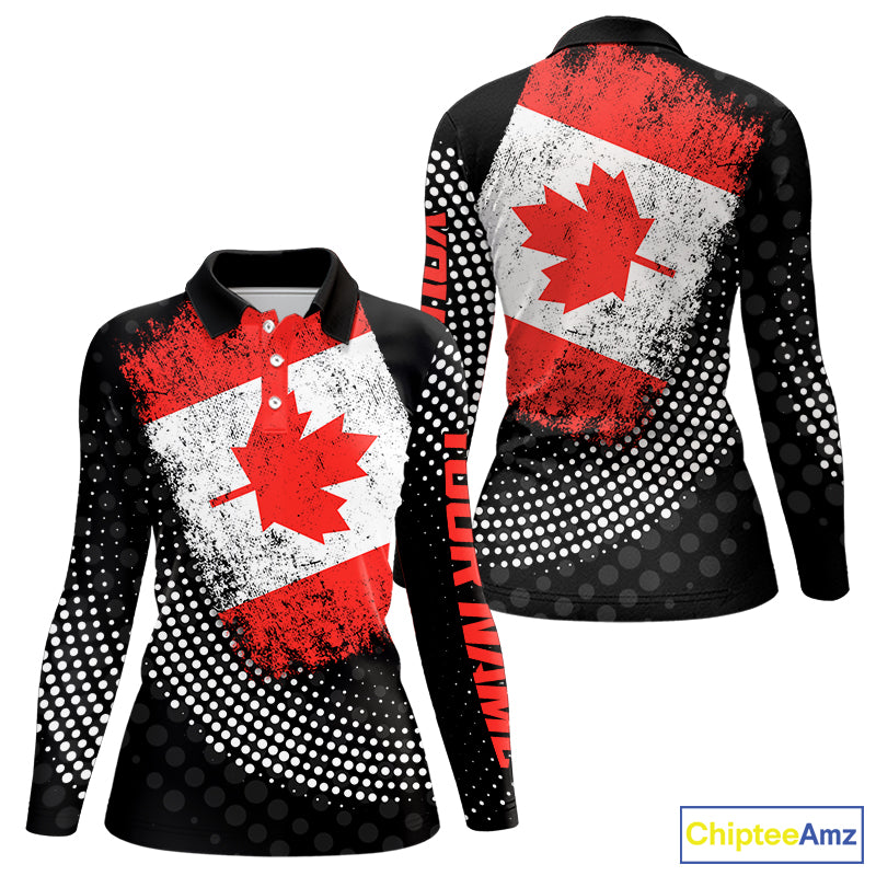 Personalized golf polo shirts for Women Vintage Canadian Flag Custom patriotic golf tops for ladies NQS9836