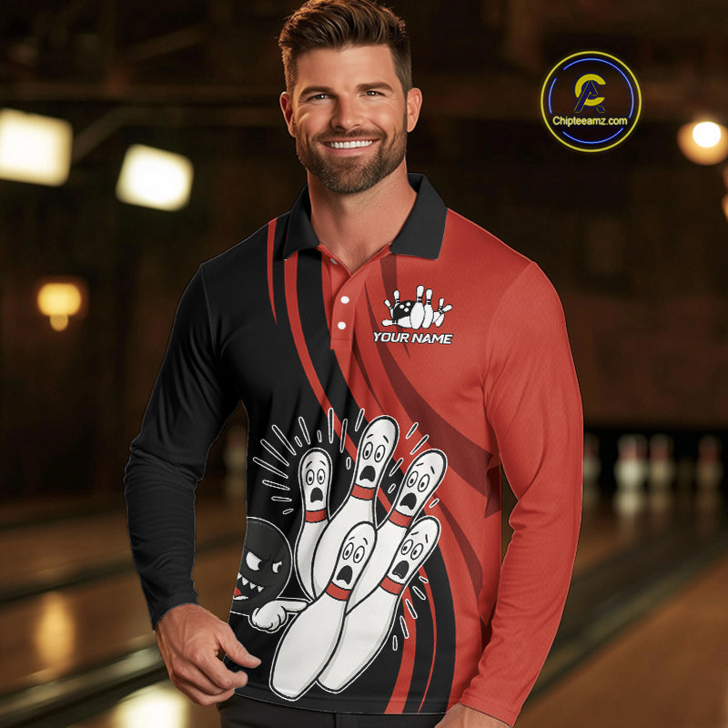 Funny Bowling ball and pins Black and Red Bowling Team Shirts For Men Custom Retro Bowling Jerseys NQS10225