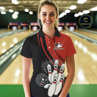 Funny Bowling ball and pins Black and Red Bowling Team Shirts For Women Custom Retro Bowling Jerseys NQS10225