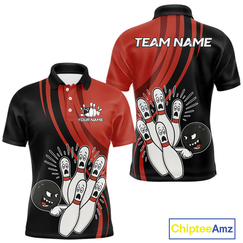 Funny Bowling ball and pins Black and Red Bowling Team Shirts For Men Custom Retro Bowling Jerseys NQS10225
