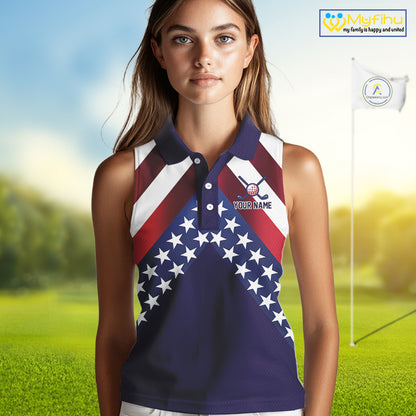 Red, White and Blue American Flag sleeveless golf polo shirts Custom Patriotic ladies golf outfit NQS10227