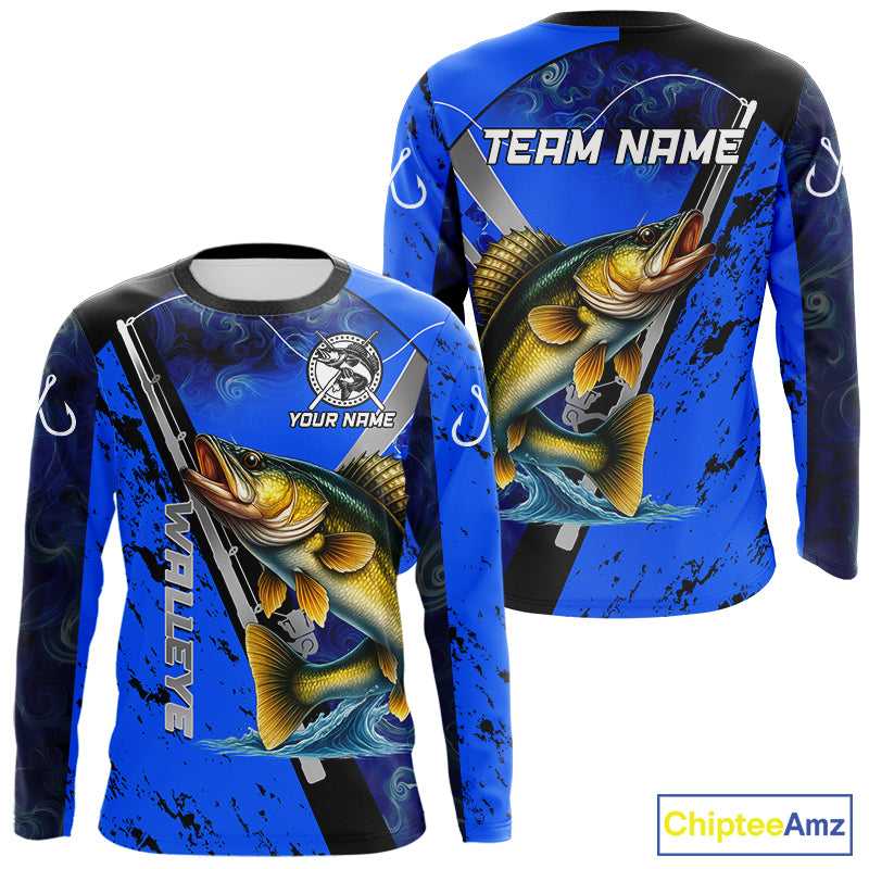Blue Camo Walleye fishing custom Walleye sun protection long sleeve fishing shirts for Team NQS10817
