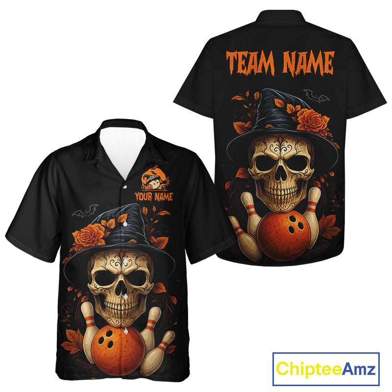 Black and Orange Skull Bowling Hawaiian Shirt Custom Halloween Bowling Team Button Up Shirt NQS10818