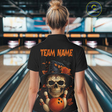 Load image into Gallery viewer, Black and Orange Skull Bowling Polo, Quarter Zip Shirt For Women Custom Halloween Bowling Team Jersey NQS10818