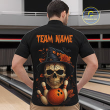 Load image into Gallery viewer, Black and Orange Skull Bowling Polo, Quarter Zip Shirts For Men Custom Halloween Bowling Team Jerseys NQS10818