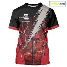 Load image into Gallery viewer, Black and Red Lightning Thunder Disc golf T-Shirt Custom team disc golf jerseys NQS10819