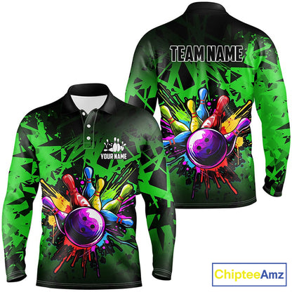 Colorful bowling jerseys Polo, 1/4 Zip Shirt for Men Custom Bowling Team shirts for bowler | Green NQS8881