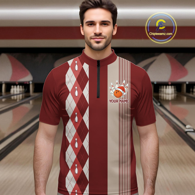 Retro Red argyle pattern Christmas Santa Bowling shirts For Men custom bowling team jerseys Outfits NQS10994