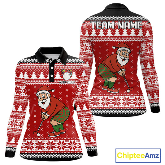 Funny Santa Golf Polo shirts For women Red ugly Christmas pattern Custom ladies Christmas golf shirts NQS11000