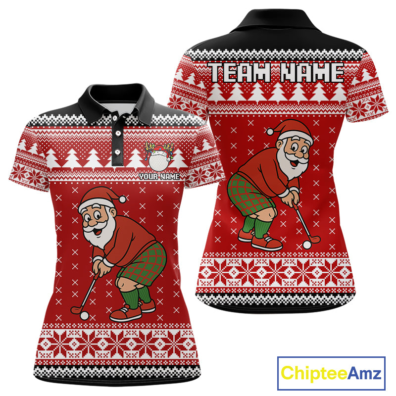 Funny Santa Golf Polo shirts For women Red ugly Christmas pattern Custom ladies Christmas golf shirts NQS11000