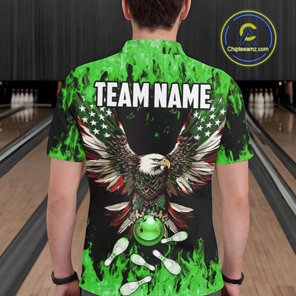Green flame Mens bowling shirts Custom American flag Eagle Team bowling shirts, gift for bowlers NQS11188