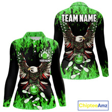Load image into Gallery viewer, Green flame Womens bowling shirts Custom American flag Eagle Team bowling shirts, gift for bowlers NQS11188