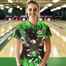 Load image into Gallery viewer, Green flame Womens bowling shirts Custom American flag Eagle Team bowling shirts, gift for bowlers NQS11188