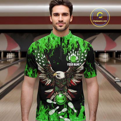 Green flame Mens bowling shirts Custom American flag Eagle Team bowling shirts, gift for bowlers NQS11188