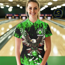 Load image into Gallery viewer, Green flame Womens bowling shirts Custom American flag Eagle Team bowling shirts, gift for bowlers NQS11188
