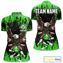 Load image into Gallery viewer, Green flame Womens bowling shirts Custom American flag Eagle Team bowling shirts, gift for bowlers NQS11188