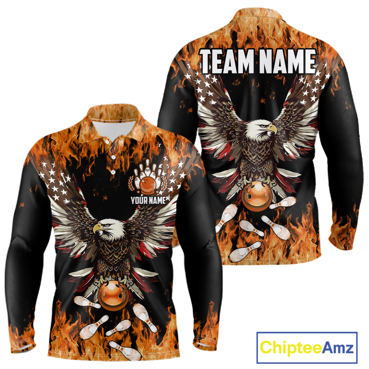 Orange flame Mens bowling shirts Custom American flag Eagle Team bowling shirts, gift for bowlers NQS11189