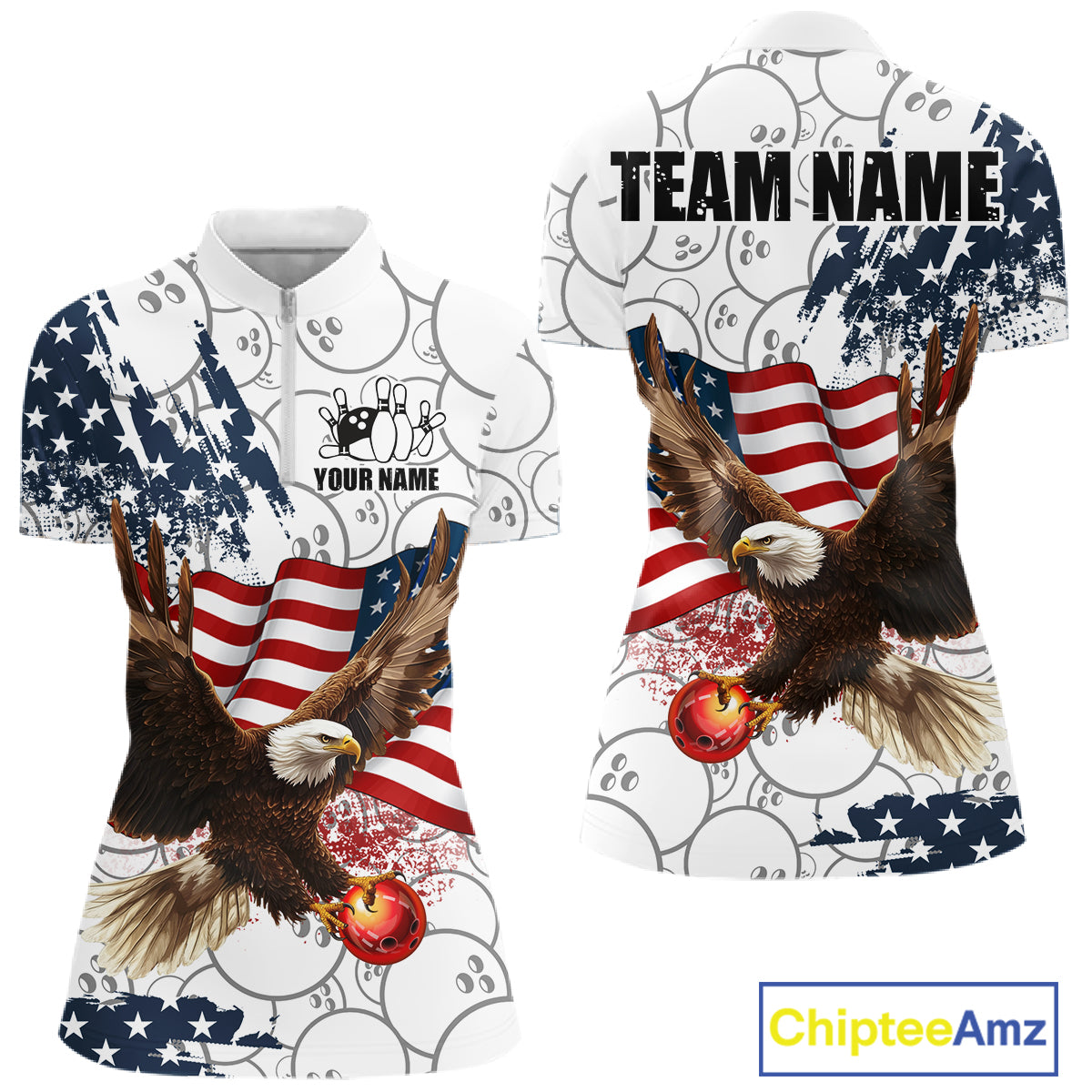 Red, White, Blue American Flag Eagle Women Bowling Shirts Custom Patriotic Camo Bowling Team Jersey NQS11192