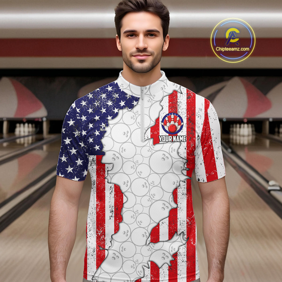 Personalized Red, White and Blue American Flag Bowling Team Shirts For Men, Patriotic Bowling Gifts NQS11197