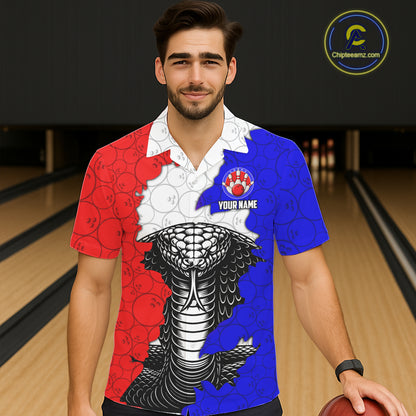 Personalized Red, White and Blue Cobra Snake Bowling Team Hawaiian Shirt, Patriotic Bowling Jerseys NQS11198