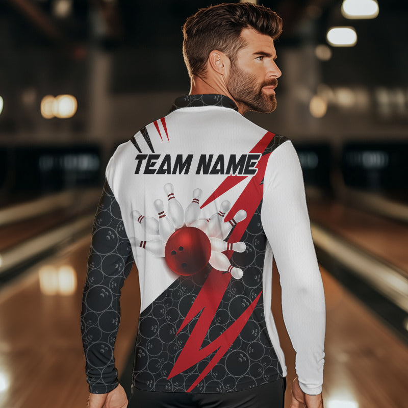 Black and White Bowling Polo, Quarter Zip Shirt for Men Custom Lightning Team bowling jerseys | Red NQS9324