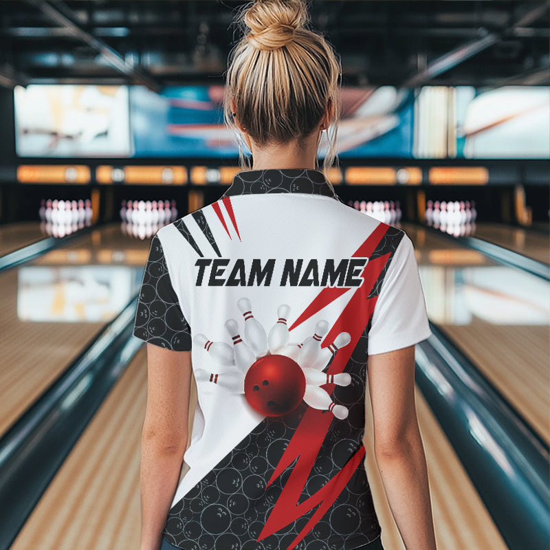 Black and White Bowling Polo, Quarter Zip Shirt for Women Custom Lightning Team bowling jerseys | Red NQS9324