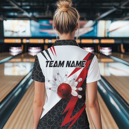 Black and White Bowling Polo, Quarter Zip Shirt for Women Custom Lightning Team bowling jerseys | Red NQS9324