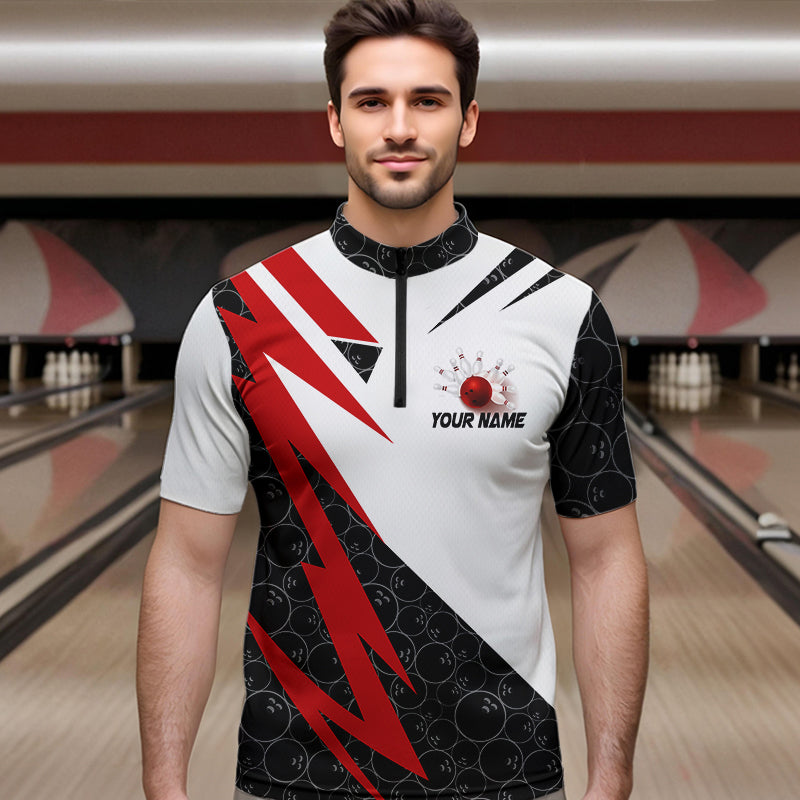 Black and White Bowling Polo, Quarter Zip Shirt for Men Custom Lightning Team bowling jerseys | Red NQS9324