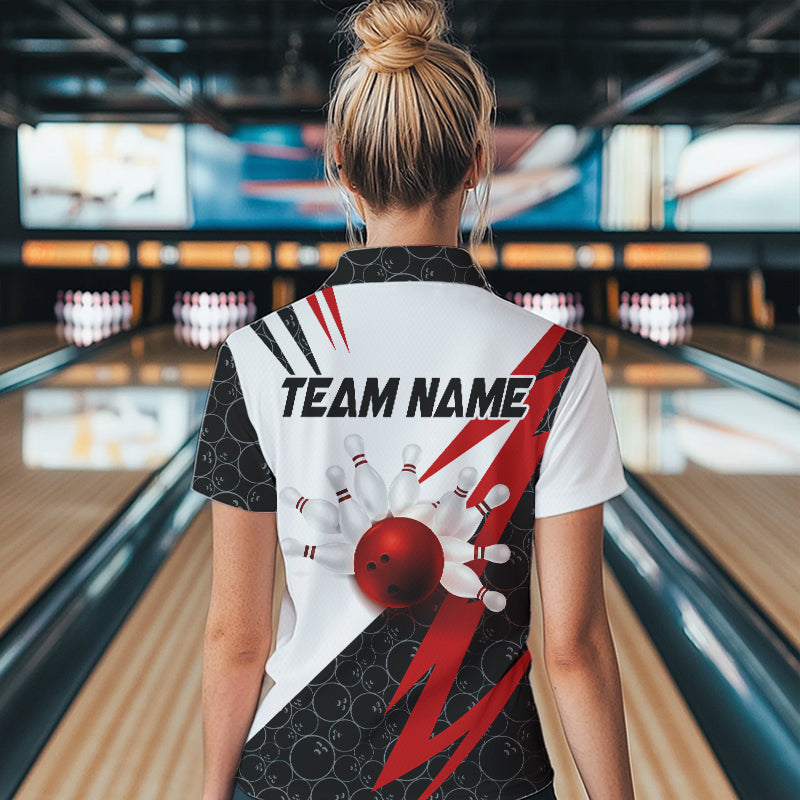 Black and White Bowling Polo, Quarter Zip Shirt for Women Custom Lightning Team bowling jerseys | Red NQS9324