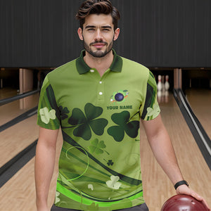 Green shamrock Lucky Men Bowling Polo, Quarter Zip Shirts Custom St Patrick Day Team bowling Shirts NQS9328