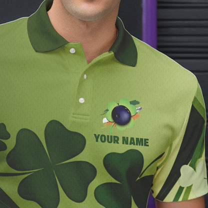 Green shamrock Lucky Men Bowling Polo, Quarter Zip Shirts Custom St Patrick Day Team bowling Shirts NQS9328