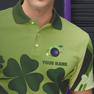 Green shamrock Lucky Men Bowling Polo, Quarter Zip Shirts Custom St Patrick Day Team bowling Shirts NQS9328