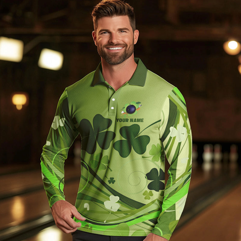 Green shamrock Lucky Men Bowling Polo, Quarter Zip Shirts Custom St Patrick Day Team bowling Shirts NQS9328